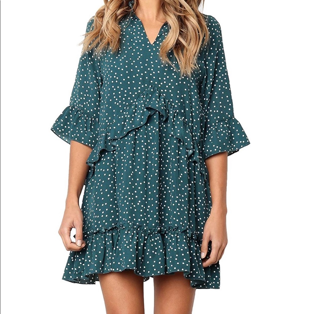 V Neck Ruffle Polka Dot Pocket Loose Swing Dress
